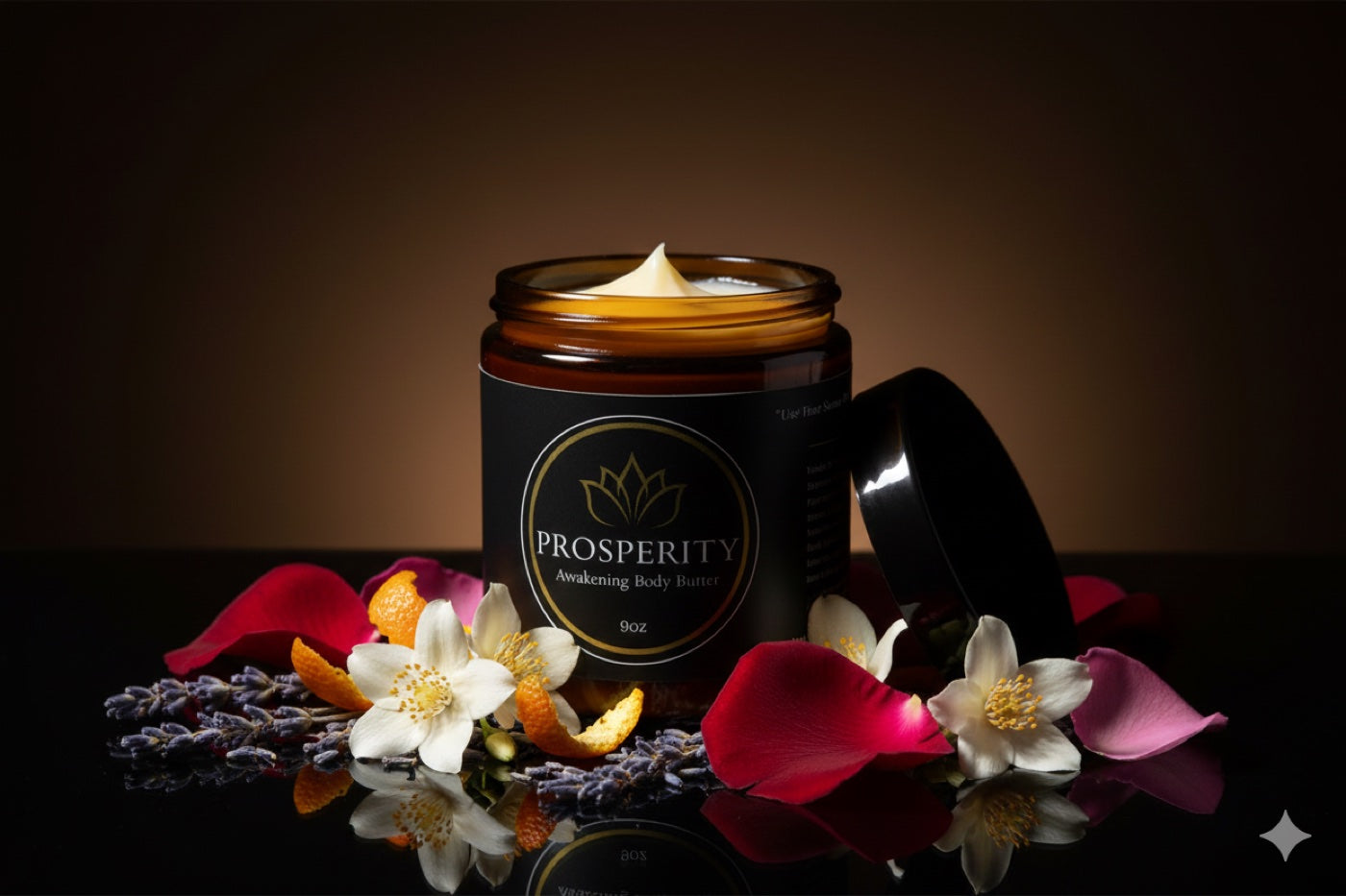The open Prosperity Butter™ jar surrounded by rose petals, jasmine, lavender, and orange peel