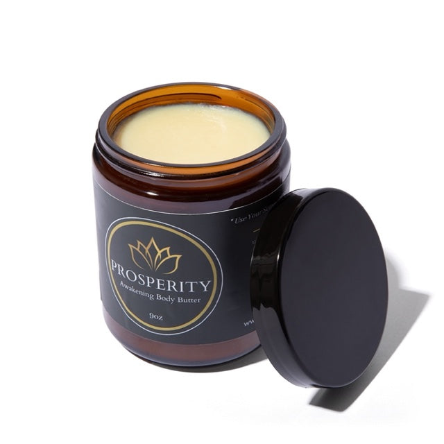 Prosperity Awakening Body Butter 9oz, open jar with the butter visible