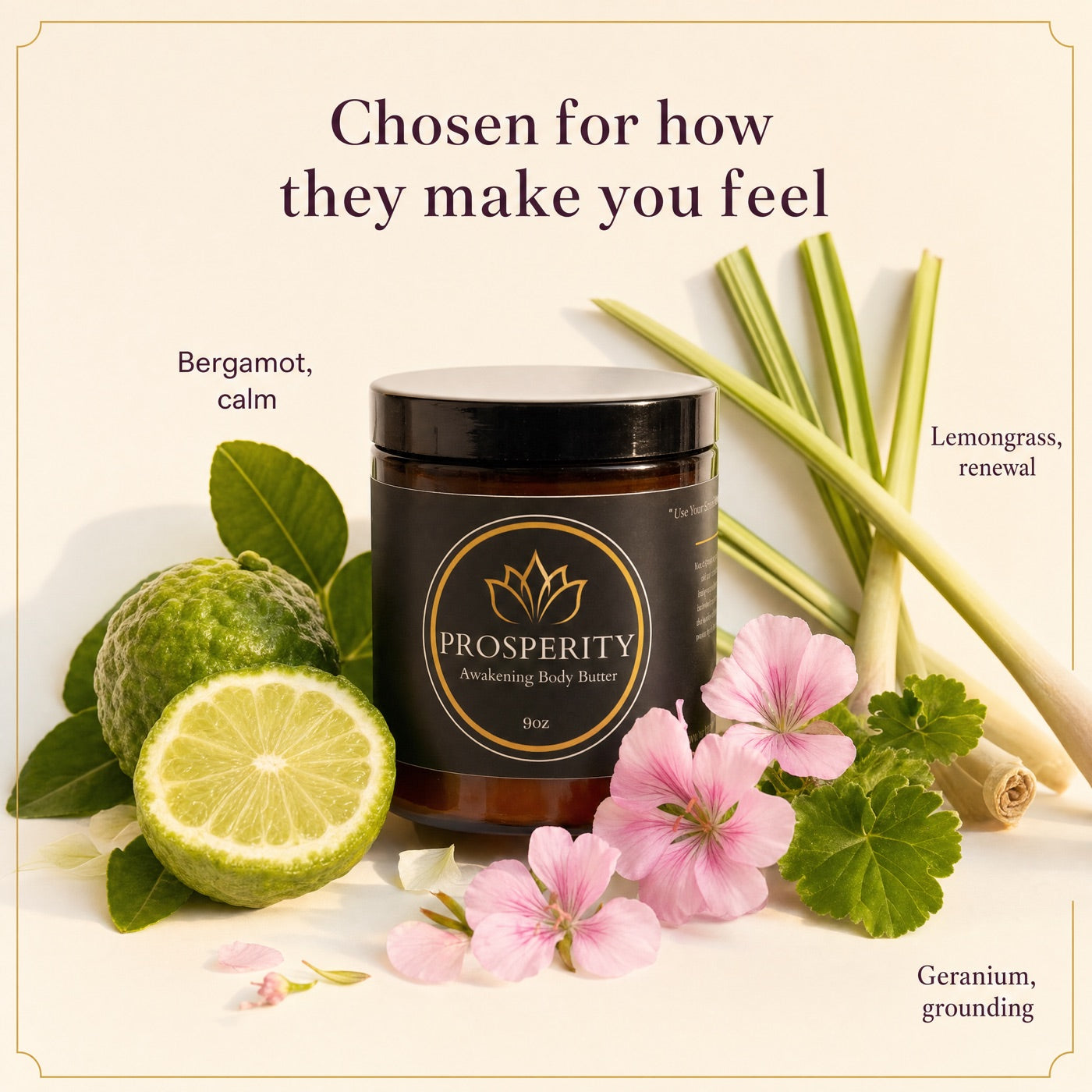 Bergamot for calm, lemongrass for renewal, geranium for grounding — chosen for how they make you feel