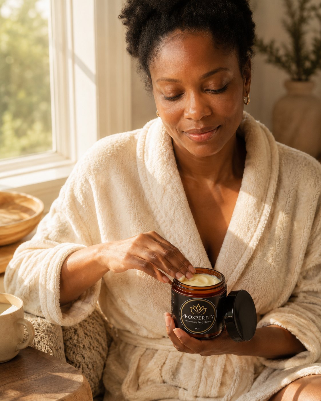 Woman in a cream robe scooping Prosperity Butter by a sunlit window